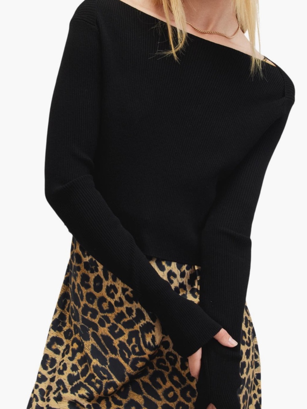 AllSaints Black Off-the-Shoulder Ribbed Sweater